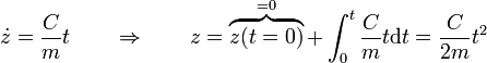 \dot{z}=\frac{C}{m}t\qquad\Rightarrow\qquad z=\overbrace{z(t=0)}^{=0}+\int_0^t \frac{C}{m}t\mathrm{d}t = \frac{C}{2m}t^2