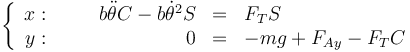 \left\{\begin{array}{rcrcl}x:&\quad&b\ddot{\theta}C-b\dot{\theta}^2S&=&F_TS\\y: &\quad&0&=&-mg+F_{Ay}-F_TC\end{array}\right.