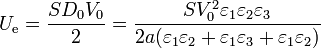 U_\mathrm{e}=\frac{SD_0V_0}{2}=\frac{SV_0^2\varepsilon_1\varepsilon_2\varepsilon_3}{2a(\varepsilon_1\varepsilon_2+\varepsilon_1\varepsilon_3+\varepsilon_1\varepsilon_2)}