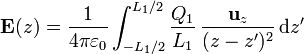 \mathbf{E}(z) =\frac{1}{4\pi\varepsilon_0}\int_{-L_1/2}^{L_1/2} \frac{Q_1}{L_1}\,\frac{\mathbf{u}_z}{(z-z')^2}\,\mathrm{d}z'