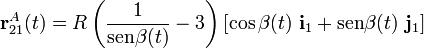 \displaystyle\mathbf{r}_{21}^A(t)=
R\left(\frac{1}{\mathrm{sen}\beta(t)}-3\right)\left[\cos\beta(t)\ \mathbf{i}_1+\mathrm{sen} \beta(t)\ \mathbf{j}_1 \right]
