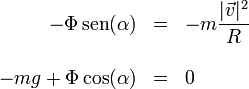 \begin{array}{rcl}-\Phi\,\mathrm{sen}(\alpha) & = & -\displaystyle m\frac{|\vec{v}|^2}{R}\\ && \\ -mg + \Phi\cos(\alpha) & = & 0 \end{array} 