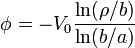 \phi=-V_0\frac{\ln(\rho/b)}{\ln(b/a)}