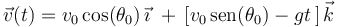 
\vec{v}(t)=v_0\,\mathrm{cos}(\theta_0)\,\vec{\imath}\,\,+\,\left[v_0\,\mathrm{sen}(\theta_0)-gt\,\right]\vec{k}

