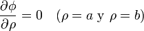 \frac{\partial\phi}{\partial\rho}=0\quad (\rho = a\ \mathrm{y}\ \rho=b)