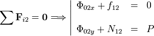 
\sum \mathbf{F}_{i2}=\mathbf{0}
\Longrightarrow
\left|
\begin{array}{lcl}
  \Phi_{02x}+f_{12} & = & 0 \\ && \\
  \Phi_{02y} + N_{12}&=& P
\end{array}
\right.
