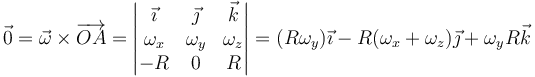 \vec{0}=\vec{\omega}\times\overrightarrow{OA}=\left|\begin{matrix}\vec{\imath} & \vec{\jmath} & \vec{k} \\ \omega_x & \omega_y & \omega_z\\ -R & 0 & R \end{matrix}\right| = (R\omega_y)\vec{\imath}-R(\omega_x+\omega_z)\vec{\jmath}+\omega_yR\vec{k}