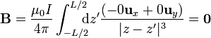 \mathbf{B}=\frac{\mu_0I}{4\pi}\int_{-L/2}^{L/2}\!\!\!\!\mathrm{d}z' \frac{(-0\mathbf{u}_{x}+0\mathbf{u}_{y})}{|z-z'|^{3}}=\mathbf{0}