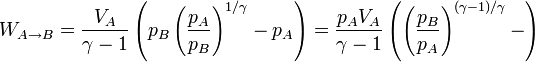 W_{A\to B}=\frac{V_A}{\gamma-1}\left(p_B\left(\frac{p_A}{p_B}\right)^{1/\gamma}-p_A\right)=\frac{p_AV_A}{\gamma-1}\left(\left(\frac{p_B}{p_A}\right)^{(\gamma-1)/\gamma}-\right)
