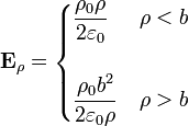 \mathbf{E}_\rho = \begin{cases}\displaystyle\frac{\rho_0\rho}{2\varepsilon_0} & \rho < b \\ & \\ \displaystyle\frac{\rho_0b^2}{2\varepsilon_0\rho} & \rho > b\end{cases}