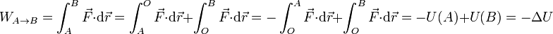 W_{A\to B}=\int_A^B \vec{F}\cdot\mathrm{d}\vec{r}=\int_A^O \vec{F}\cdot\mathrm{d}\vec{r}+\int_O^B \vec{F}\cdot\mathrm{d}\vec{r}=-\int_O^A \vec{F}\cdot\mathrm{d}\vec{r}+\int_O^B \vec{F}\cdot\mathrm{d}\vec{r} = -U(A)+U(B) = -\Delta U