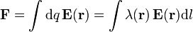 \mathbf{F}= \int \mathrm{d}q\,\mathbf{E}(\mathbf{r})=\int \lambda(\mathbf{r})\,\mathbf{E}(\mathbf{r})\mathrm{d}l