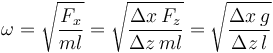 \omega=\sqrt{\frac{F_x}{ml}}=\sqrt{\frac{\Delta x\,F_z}{\Delta z\,ml}}=\sqrt{\frac{\Delta x\,g}{\Delta z\,l}}