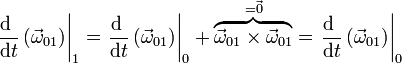 \left.\frac{\mathrm{d}\ }{\mathrm{d}t}\left(\vec{\omega}_{01}\right)\right|_1 = \left.\frac{\mathrm{d}\ }{\mathrm{d}t}\left(\vec{\omega}_{01}\right)\right|_0+\overbrace{\vec{\omega}_{01}\times\vec{\omega}_{01}}^{=\vec{0}} =\left.\frac{\mathrm{d}\ }{\mathrm{d}t}\left(\vec{\omega}_{01}\right)\right|_0