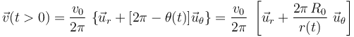 \vec{v}(t>0)=\frac{v_0}{2\pi}\ \big\{\vec{u}_r+\big[2\pi-\theta(t)\big]\vec{u}_\theta\big\}=\frac{v_0}{2\pi}\ \left[\vec{u}_r+\frac{2\pi\!\ R_0}{r(t)}\ \vec{u}_\theta\right]