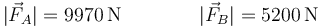 |\vec{F}_A| = 9970\,\mathrm{N}\qquad\qquad |\vec{F}_B| = 5200\,\mathrm{N}