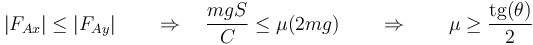 |F_{Ax}|\leq |F_{Ay}|\qquad\Rightarrow\quad \frac{mgS}{C}\leq \mu(2mg)\qquad\Rightarrow\qquad \mu\geq \frac{\mathrm{tg}(\theta)}{2}