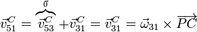 \vec{v}^C_{51} = \overbrace{\vec{v}^C_{53}}^{_\vec{0}}+\vec{v}^C_{31} = \vec{v}^C_{31}=\vec{\omega}_{31}\times\overrightarrow{PC}