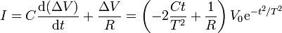 I = C\frac{\mathrm{d}(\Delta V)}{\mathrm{d}t}+\frac{\Delta V}{R}=\left(-2\frac{Ct}{T^2}+\frac{1}{R}\right)V_0\mathrm{e}^{-t^2/T^2}