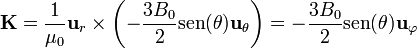 \mathbf{K}=\frac{1}{\mu_0}\mathbf{u}_r\times\left(-\frac{3B_0}{2}\mathrm{sen}(\theta)\mathbf{u}_\theta\right) = -\frac{3B_0}{2}\mathrm{sen}(\theta)\mathbf{u}_{\varphi}