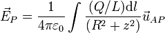 \vec{E}_P = \frac{1}{4\pi\varepsilon_0}\int \frac{(Q/L)\mathrm{d}l}{(R^2+z^2)}\vec{u}_{AP}