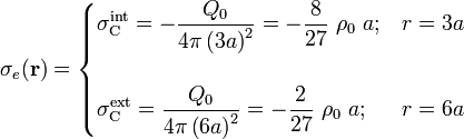 \sigma_e(\mathbf{r})=\begin{cases}\displaystyle \sigma_\mathrm{C}^\mathrm{int}=-\frac{Q_0}{4\pi\left(3a\right)^2}=-\frac{8}{27}\ \rho_0\ a\mathrm{;}& r=3a\\ \\ \displaystyle\sigma_\mathrm{C}^\mathrm{ext}=\frac{Q_0}{4\pi\left(6a\right)^2}=-\frac{2}{27}\ \rho_0\ a\mathrm{;}&r=6a
\end{cases}
