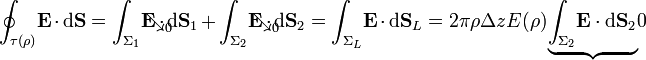 \oint_{\tau(\rho)}\!\mathbf{E}\cdot\mathrm{d}\mathbf{S}=\int_{\Sigma_1}\!\mathbf{E}\cdot\mathrm{d}\mathbf{S}_1\!\!\!\!\!\!\!\!\!\!\!\!\!\!\!\!\mathop{\searrow}_{0}\;\;\;\;\,+\int_{\Sigma_2}\!\mathbf{E}\cdot\mathrm{d}\mathbf{S}_2\!\!\!\!\!\!\!\!\!\!\!\!\!\!\!\!\mathop{\searrow}_{0}\;\;\;\;\,=\int_{\Sigma_L}\!\mathbf{E}\cdot\mathrm{d}\mathbf{S}_L=2\pi\rho\Delta z E(\rho)\mathop{\underbrace{\int_{\Sigma_2}\!\mathbf{E}\cdot\mathrm{d}\mathbf{S}_2}}{0}