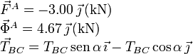 
\begin{array}{l}
\vec{F}^A = -3.00\,\vec{\jmath}\,(\mathrm{kN})\\
\vec{\Phi}^A = 4.67\,\vec{\jmath}\,(\mathrm{kN})\\
\vec{T}_{BC} = T_{BC}\,\mathrm{sen}\,\alpha\,\vec{\imath}-
T_{BC}\cos\alpha\,\vec{\jmath}
\end{array}
