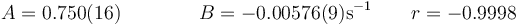 A = 0.750(16)\qquad \qquad B = -0.00576(9)\mathrm{s}^{-1}\qquad r = -0.9998