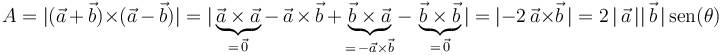 A=|(\vec{a}\,+\,\vec{b})\times(\vec{a}\,-\,\vec{b})|=|\underbrace{\vec{a}\times\vec{a}}_{=\,\vec{0}}-\,\vec{a}\,\times\,\vec{b}\,+\,\underbrace{\vec{b}\times\vec{a}}_{=\,-\vec{a}\times\vec{b}}-\,\underbrace{\vec{b}\times\vec{b}}_{=\,\vec{0}}|=|-2\,\vec{a}\times\vec{b}\,|=2\,|\,\vec{a}\,||\,\vec{b}\,|\,\mathrm{sen}(\theta)