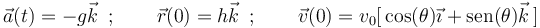 
\vec{a}(t)=-g\vec{k}\,\,\,;\,\,\,\,\,\,\,\,\,\,\,\,\vec{r}(0)=h\vec{k}\,\,\,;
\,\,\,\,\,\,\,\,\,\,\,\,\vec{v}(0)=v_0[\,\mathrm{cos}(\theta)\vec{\imath}+
\mathrm{sen}(\theta)\vec{k}\,]
