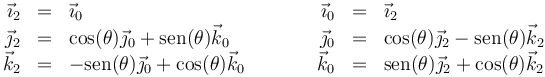 \begin{array}{rclcrcl}
\vec{\imath}_2&=&\vec{\imath}_0&\qquad&\vec{\imath}_0&=&\vec{\imath}_2\\
\vec{\jmath}_2&=&\cos(\theta)\vec{\jmath}_0+\mathrm{sen}(\theta)\vec{k}_0&\qquad&\vec{\jmath}_0&=&\cos(\theta)\vec{\jmath}_2-\mathrm{sen}(\theta)\vec{k}_2\\
\vec{k}_2&=&-\mathrm{sen}(\theta)\vec{\jmath}_0+\cos(\theta)\vec{k}_0&\qquad&\vec{k}_0&=&\mathrm{sen}(\theta)\vec{\jmath}_2+\cos(\theta)\vec{k}_2
\end{array}
